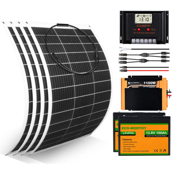Wohnmobile 130Wp 260Wp 390Wp 520Wp 12V Komplettset Solaranlage mit 130Wp Semi-Flexibles Solarmodul+Lithium Speicher
