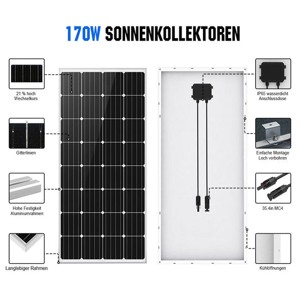 1000Wp 24V (6x170Wp) Komplettset MPPT Solaranlage mit 2,4kWh Lithium Speicher+3kW Wechselrichter