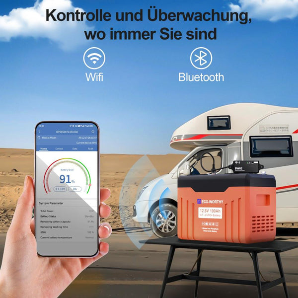 12V 100Ah LiFePO4 Lithium Batterie mit Bluetooth und WiFi,Untertemperaturschutz
