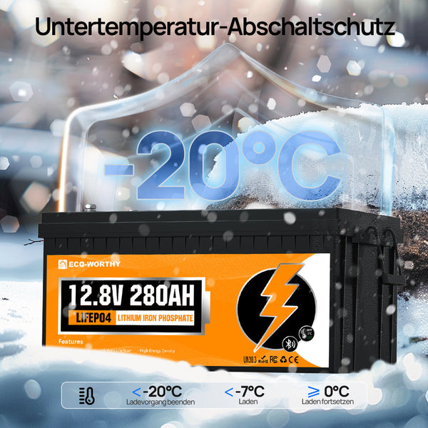 12V 280Ah LiFePO4 Lithium Batterie mit Bluetooth und Untertemperaturschutz