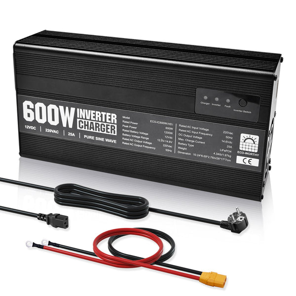 14,6V 25A LiFePO4 Ladegerät mit 600W Wechselrichter 12V bis 230V für Batterie