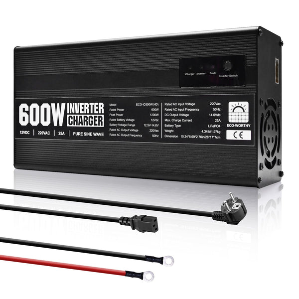 14,6V 25A LiFePO4 Ladegerät mit 600W Wechselrichter 12V bis 230V für Batterie
