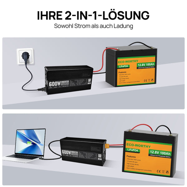 14,6V 25A LiFePO4 Ladegerät mit 600W Wechselrichter 12V bis 230V für Batterie