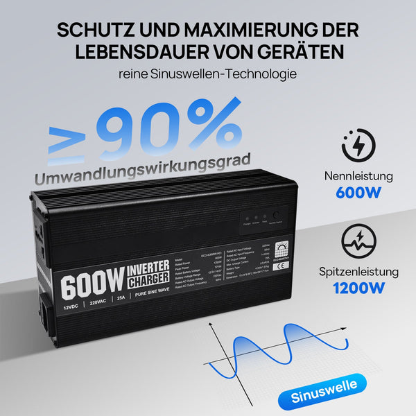 14,6V 25A LiFePO4 Ladegerät mit 600W Wechselrichter 12V bis 230V für Batterie