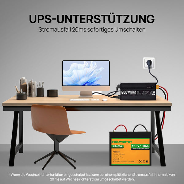 14,6V 25A LiFePO4 Ladegerät mit 600W Wechselrichter 12V bis 230V für Batterie