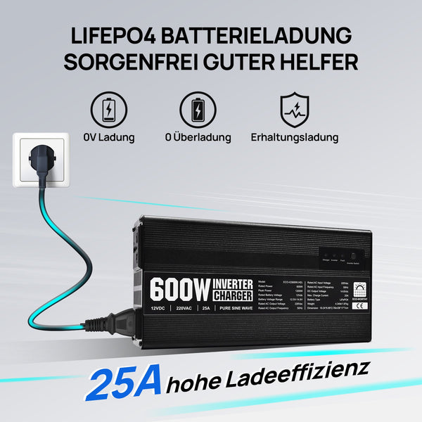 14,6V 25A LiFePO4 Ladegerät mit 600W Wechselrichter 12V bis 230V für Batterie