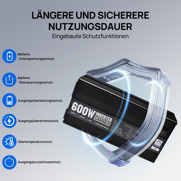 14,6V 25A LiFePO4 Ladegerät mit 600W Wechselrichter 12V bis 230V für Batterie