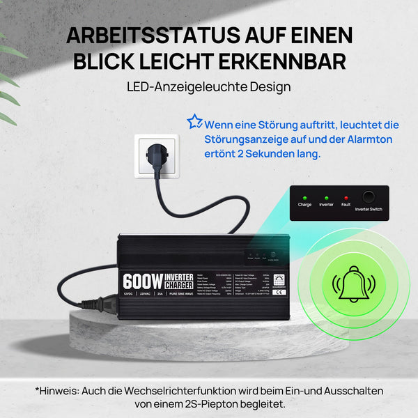 14,6V 25A LiFePO4 Ladegerät mit 600W Wechselrichter 12V bis 230V für Batterie