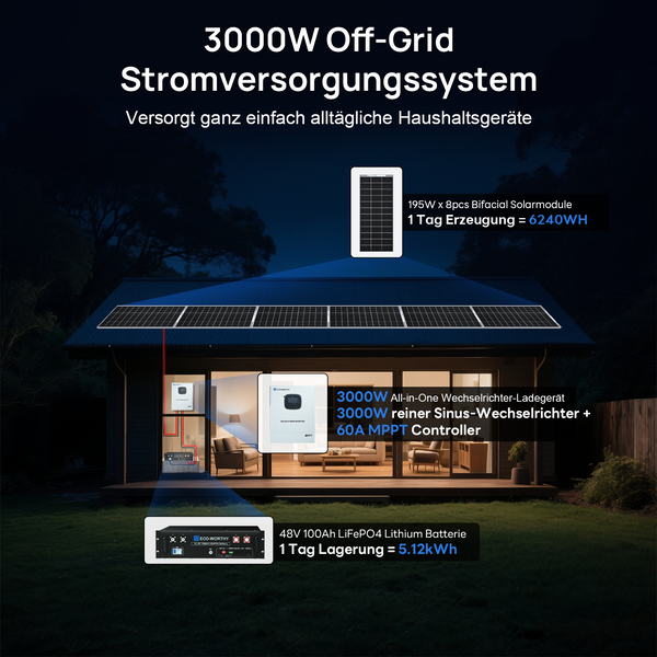 1560W 48V (8 x Bifazial 195 W), Komplettes MPPT-Off-Grid-Solar-Kit