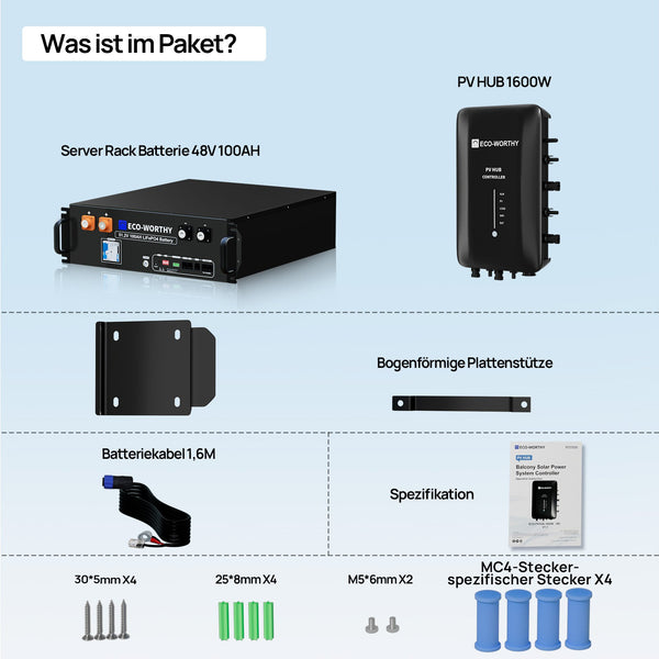 1720W Balkonkraftwerk mit 48V 100Ah LiFePO4 Batterie und Hub 800W Stromspeicher