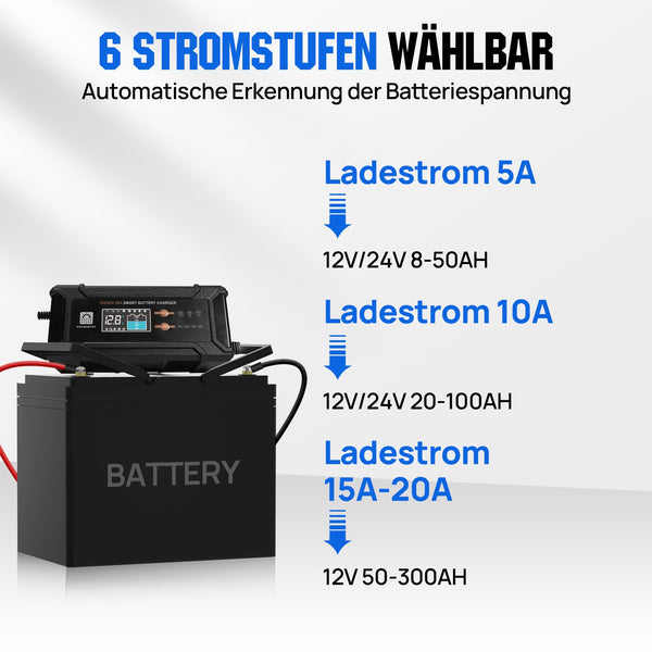 20A 12V/24V intelligentes Batterieladegerät mit LCD-Display für die meisten Batterien