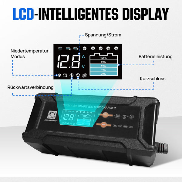 20A 12V/24V intelligentes Batterieladegerät mit LCD-Display für die meisten Batterien