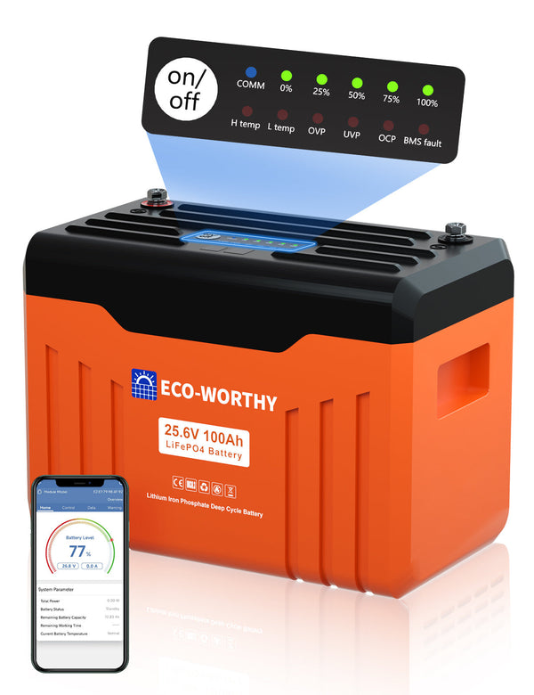 24V 100Ah LiFePO4 Lithiumbatterij met Bluetooth en ondertemperatuurbescherming