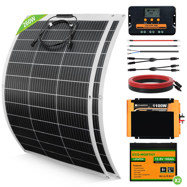 Wohnmobile 130Wp 260Wp 390Wp 520Wp 12V Komplettset Solaranlage mit 130Wp Semi-Flexibles Solarmodul+Lithium Speicher