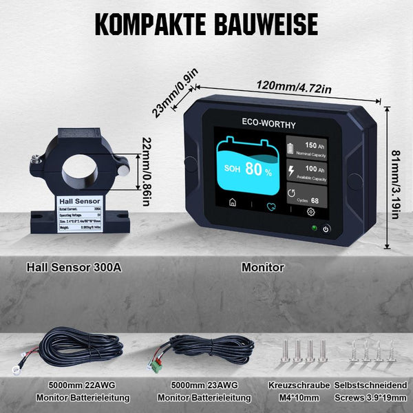 300A 3,5" berührbares Display Battery Monitor mit Hall-Sensor für AGM und Lithium Batterien (LiFePO4)