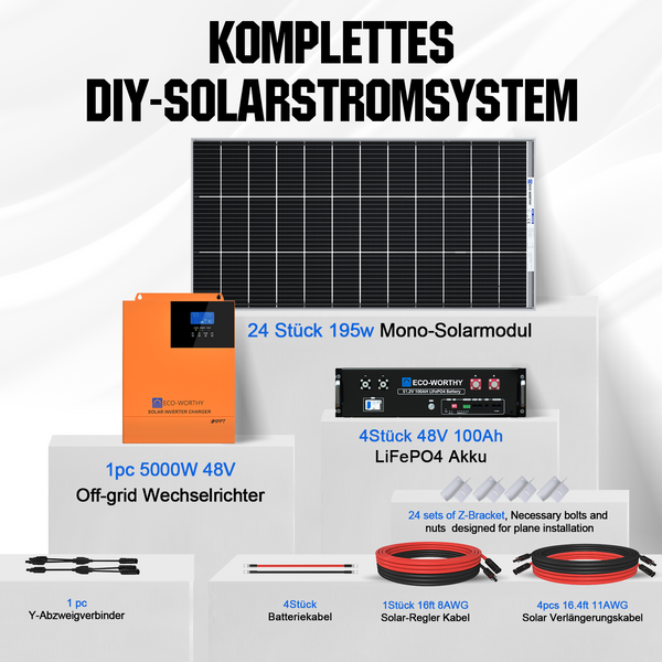 48V 4680W (24 x Bifazial 195W) Komplettes MPPT-Off-Grid-Solarkit