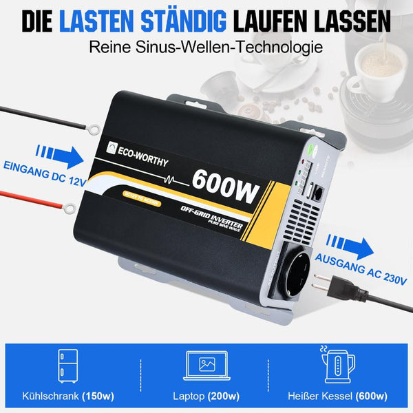 600W 12V Zonne-omvormer Zuivere Sinus DC 12V AC 230V