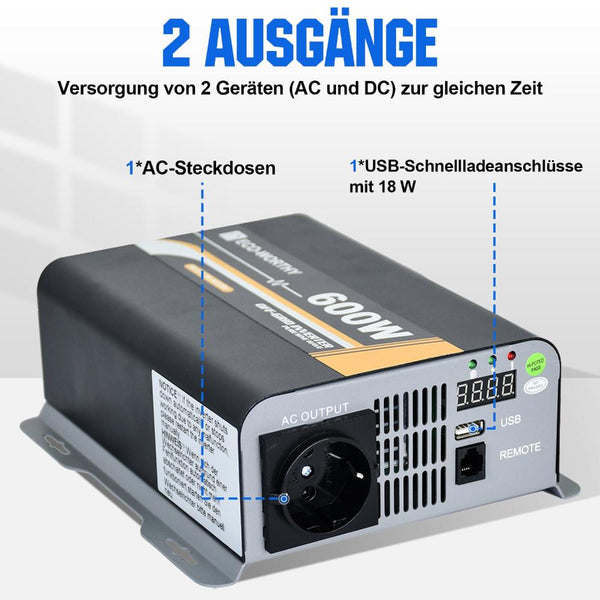 600W 12V Zonne-omvormer Zuivere Sinus DC 12V AC 230V