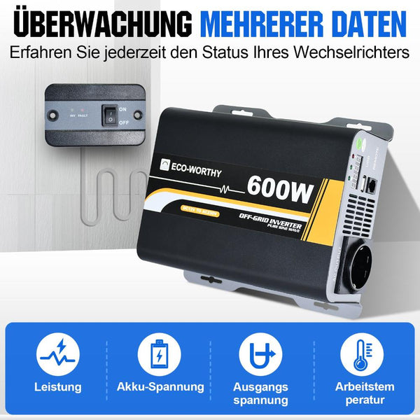 600W 12V Zonne-omvormer Zuivere Sinus DC 12V AC 230V