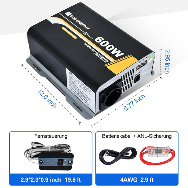 600W 12V Zonne-omvormer Zuivere Sinus DC 12V AC 230V
