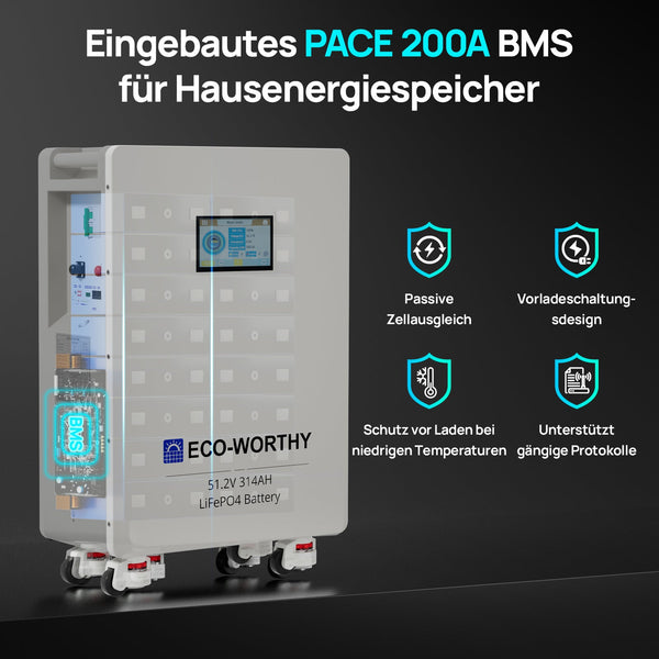 ECO-WORTHY 48V (51,2V) 314Ah LiFePO4-Batterij | Zonnebatterij-noodstroomvoorziening voor thuis