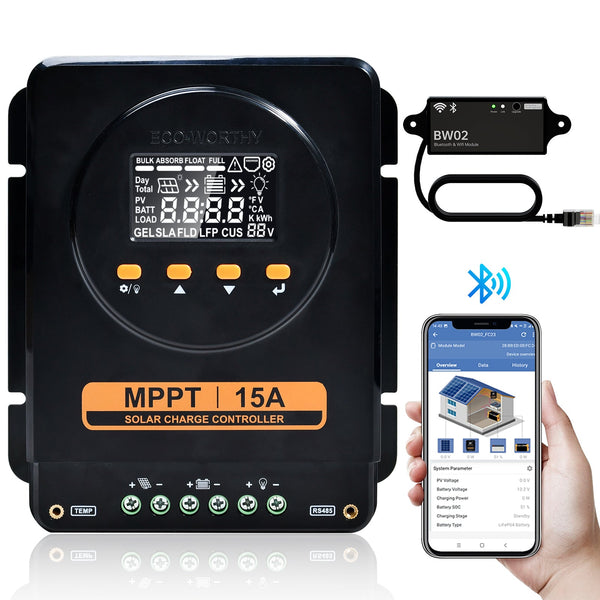 ECO-WORTHY MPPT Zonnecontroller 15A 12V/24V met LCD & Bluetooth RS485