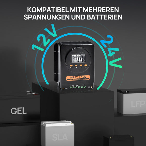 ECO-WORTHY MPPT Zonnecontroller 15A 12V/24V met LCD & Bluetooth RS485