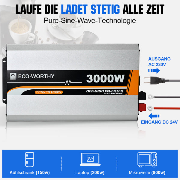 3000W 24V Solar Wechselrichter Reiner Sinus DC 24V AC 220V