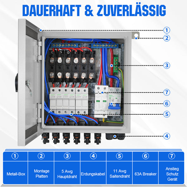 6-saitige PV-Kombinationsbox mit 6*10A Leistungsschaltern für Solaranlage