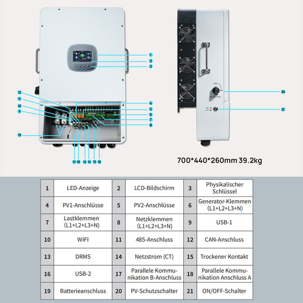 Energiespeicher-Stromversorgungskit 15,36 kWh, ausgestattet mit 48V 100AH Lithiumbatterie und netzanschließbarem All-in-One-Wechselrichter 12KW 48Vdc-230/400Vac