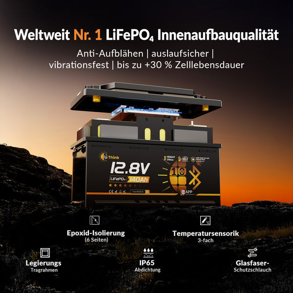 Lithink 12V 140Ah H190 LiFePO4-accu met Bluetooth & zelfverwarming, 200A BMS – DIN H8 voor onder de stoel in camper