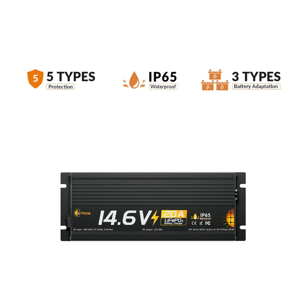 Lithink 14.6V 20A Waterdichte Snellader – voor LiFePO₄, NCM en Loodaccu's