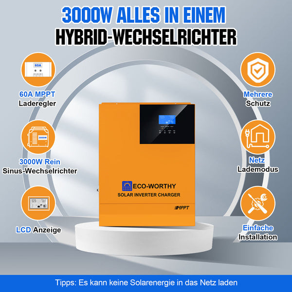1000Wp 24V (6x170Wp) Komplettset MPPT Solaranlage mit 2,4kWh Lithium Speicher+3kW Wechselrichter