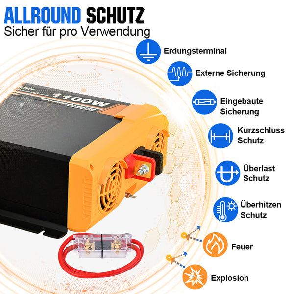 1100W 12V Solar Wechselrichter Reiner Sinus DC 12V AC 220V
