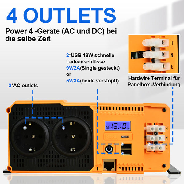 1100W 12V Zonne-omvormer Pure Sinus DC 12V AC 230V