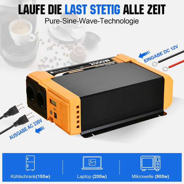 2000W 12V Zonne-omvormer Pure Sinus DC 12V AC 230V