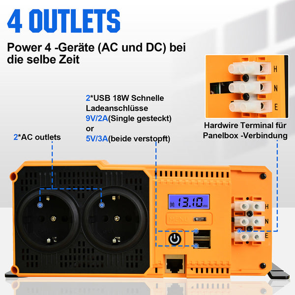 2000W 12V Zonne-omvormer Pure Sinus DC 12V AC 230V