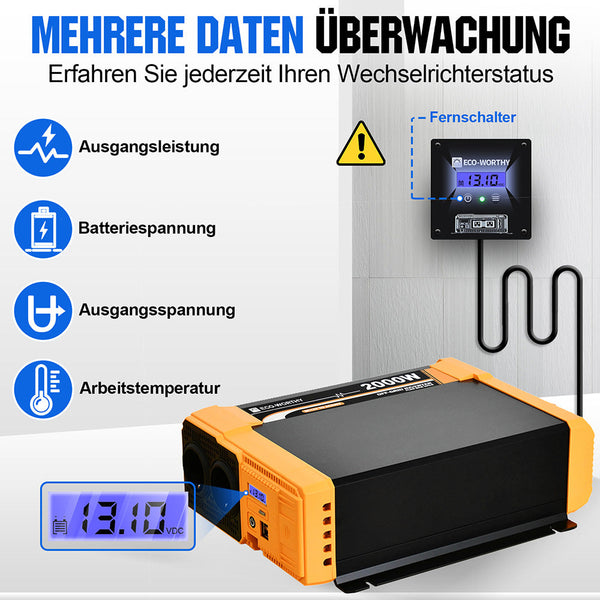 2000W 12V Zonne-omvormer Pure Sinus DC 12V AC 230V