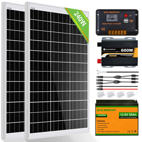 120Wp 240Wp 12V Komplettset Solaranlage mit 0,6kWh Lithium Speicher+600W Wechselrichter