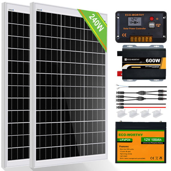 120Wp 240Wp 12V Komplettset Solaranlage mit 0,6kWh Lithium Speicher+600W Wechselrichter