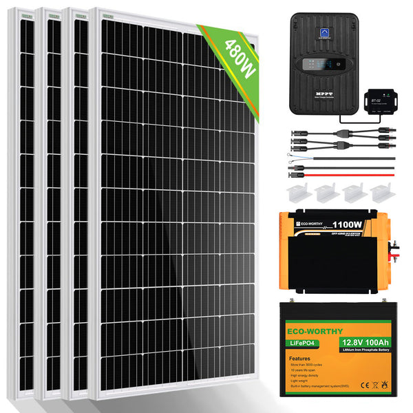 480Wp 12V (4x120Wp) Komplettset MPPT Solaranlage mit 1,2kWh Lithium Speicher+1,1kW Wechselrichter