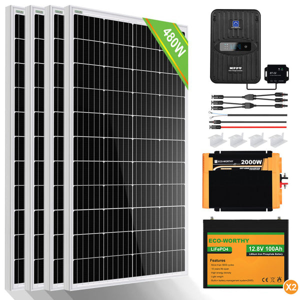 480Wp 12V (4x120Wp) Komplettset MPPT Solaranlage mit 1,2kWh Lithium Speicher+1,1kW Wechselrichter