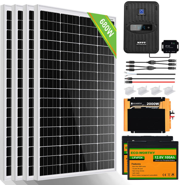 680Wp 12V (4x170Wp) Komplettset MPPT Solaranlage mit 2,4kWh Lithium Speicher+2kW Wechselrichter