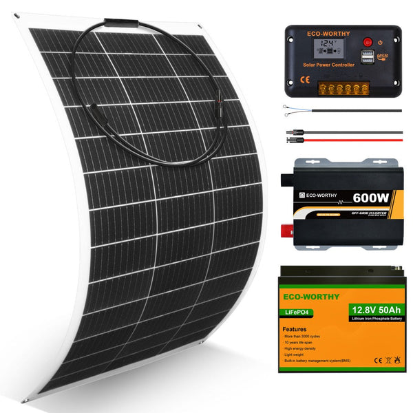 Wohnmobile 130Wp 260Wp 390Wp 520Wp 12V Komplettset Solaranlage mit 130Wp Semi-Flexibles Solarmodul+Lithium Speicher