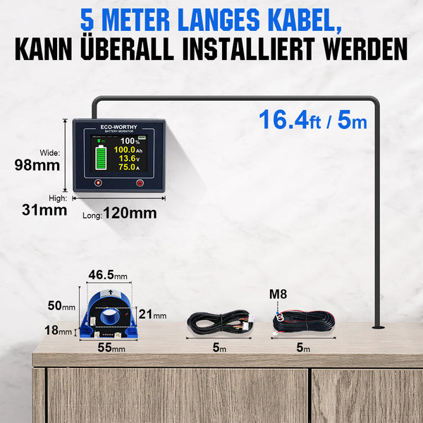 200A 3,5" berührbares Display Battery Monitor mit Hall-Sensor für AGM und Lithium Batterien (LiFePO4)