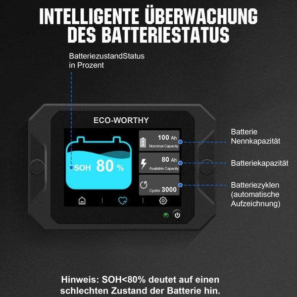 300A 3,5" berührbares Display Battery Monitor mit Hall-Sensor für AGM und Lithium Batterien (LiFePO4)