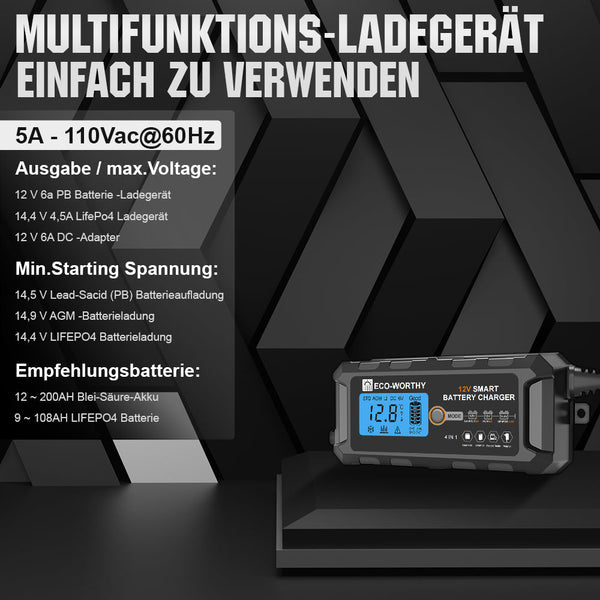 5A & 10A 12V Automatisch Slim Batterijlader met LCD-display voor Lithium (LiFePO4) Batterijen