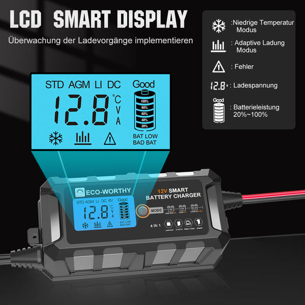 5A & 10A 12V Automatisches Intelligentes Batterie-Ladegerät mit LCD-Display für Lithium(LiFePO4) Batterien