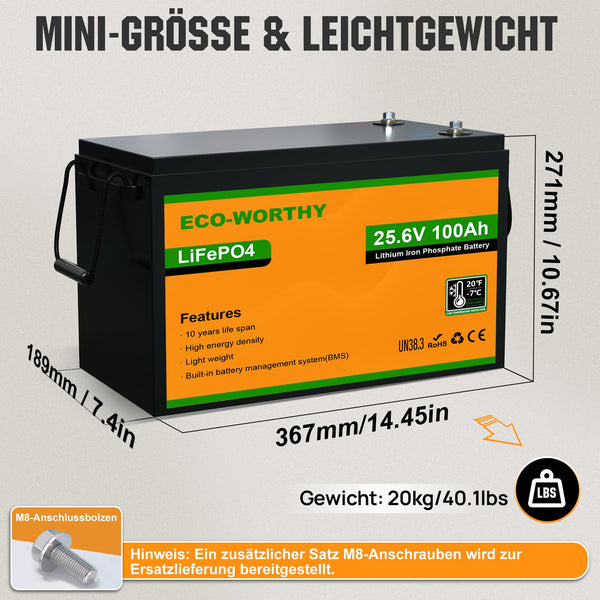 24V 100Ah LiFePO4 Lithiumbatterij met ondertemperatuurbescherming