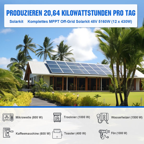 48V 5160W (12 x 430W) Komplettes MPPT-Off-Grid-Solarkit